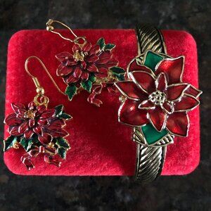 -Pretty Poinsettia Cuff Watch Plus Pierced Earrings